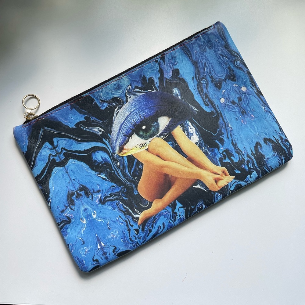 Leather Avant-Garde Artist Print Blue Clutch NWT